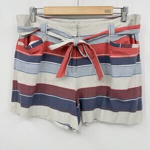 Loft Striped Linen Blend Shorts Size 8 Tie Waist Nautical Summer Vacation Resort